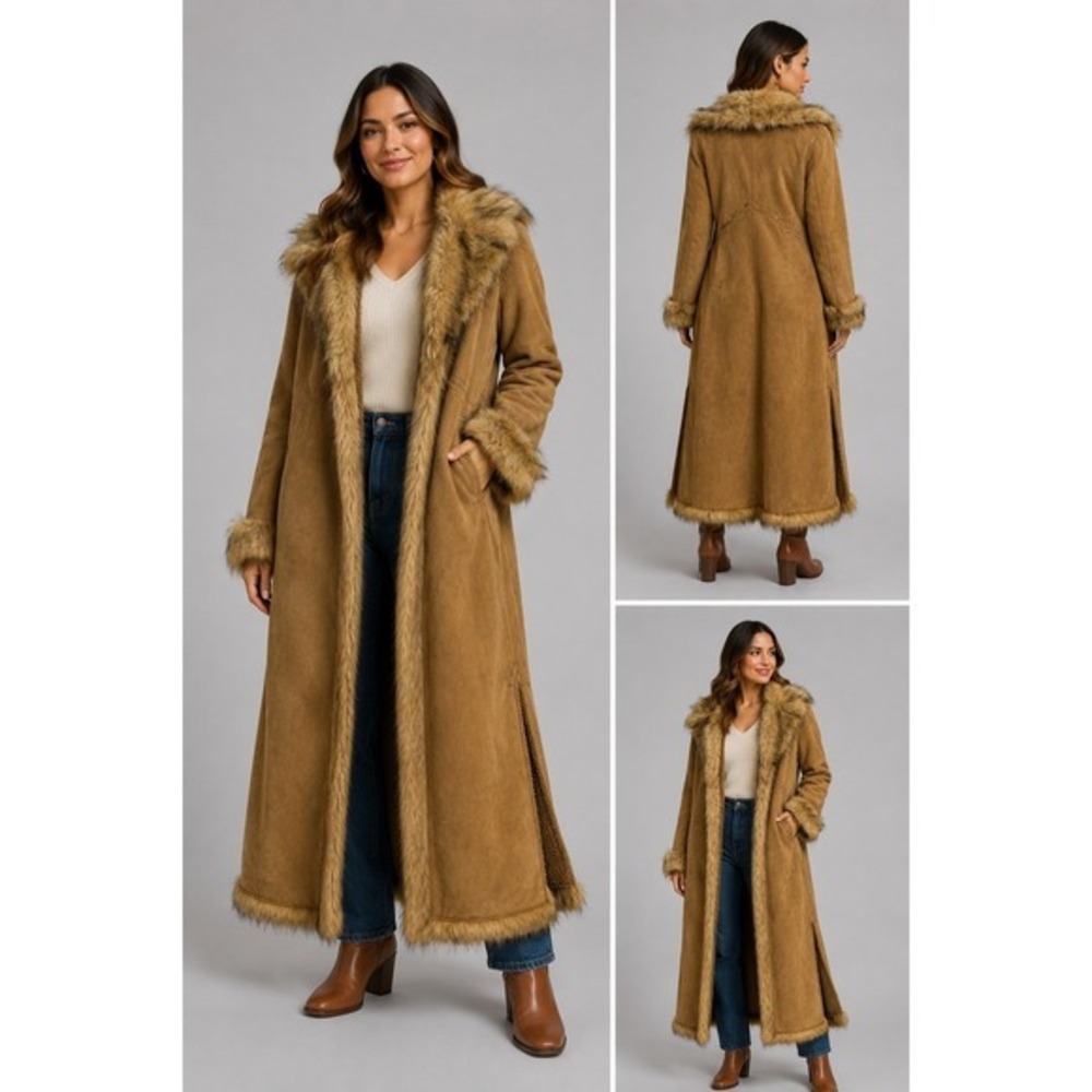 XOXO Womens M Brown Leather Suede Faux Fur Trim Maxi Long Trench Coat Jacket